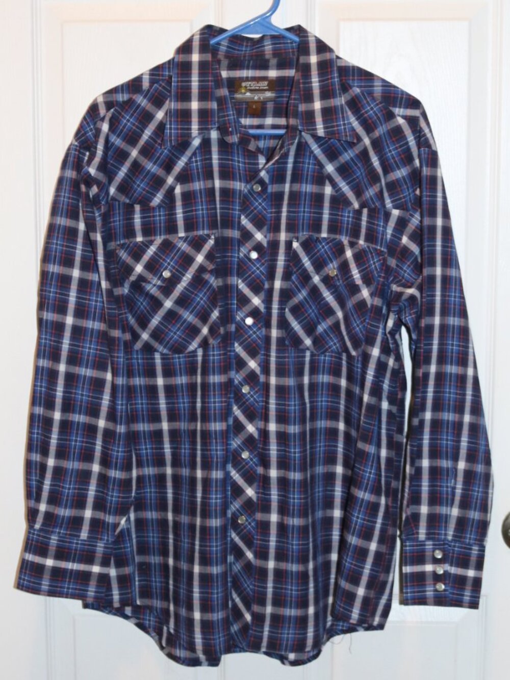 Outlaw Western Wear Mens Pearl Snap Shirt Large Blue Plaid Long-sleeve